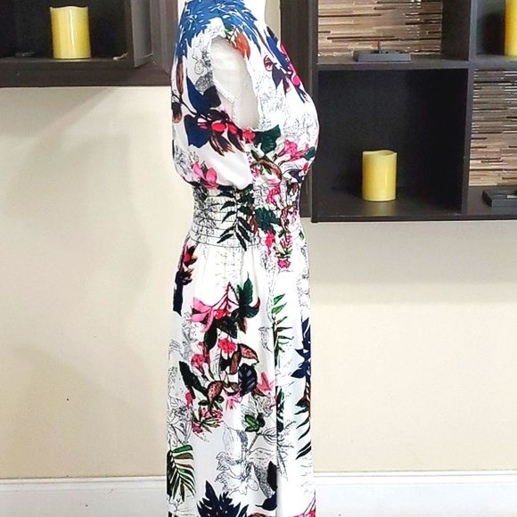 Retro 90s White Floral Tropical Beachy Surplice Flowy Jersey Mini Dress - Picture 5 of 6